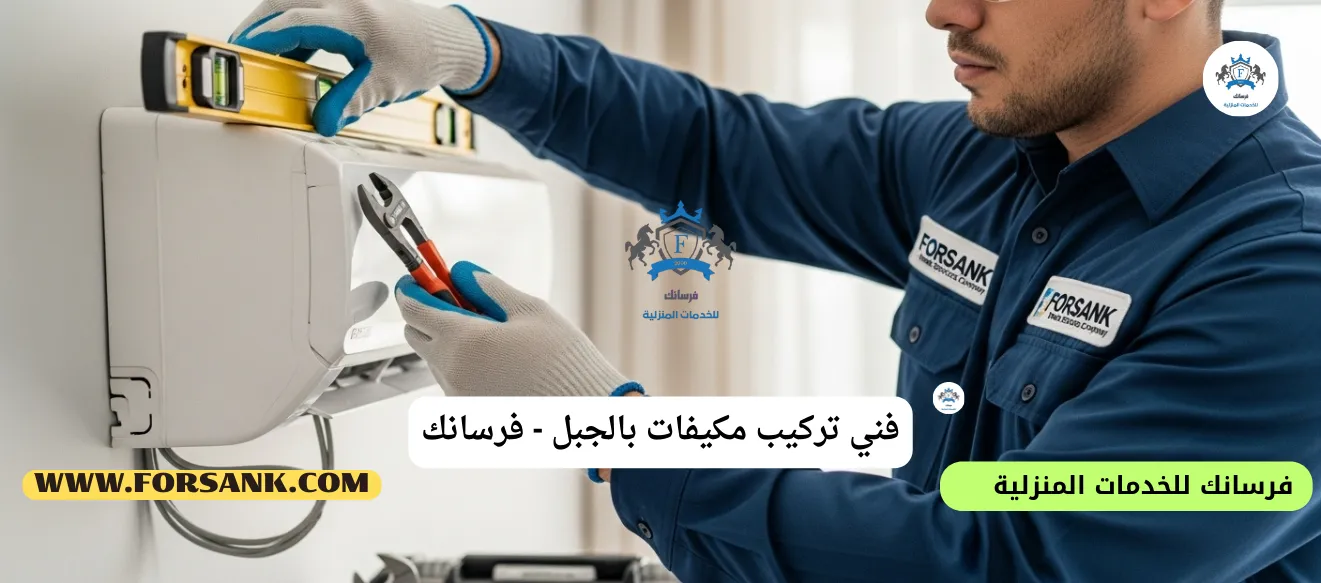 فني تركيب مكيفات سبليت بالجبيل - التزام بالدقة والمواعيد فني متخصص من فرسانك يستخدم ميزان الماء لضمان تركيب مثالي لمكيف سبليت في الجبيل
